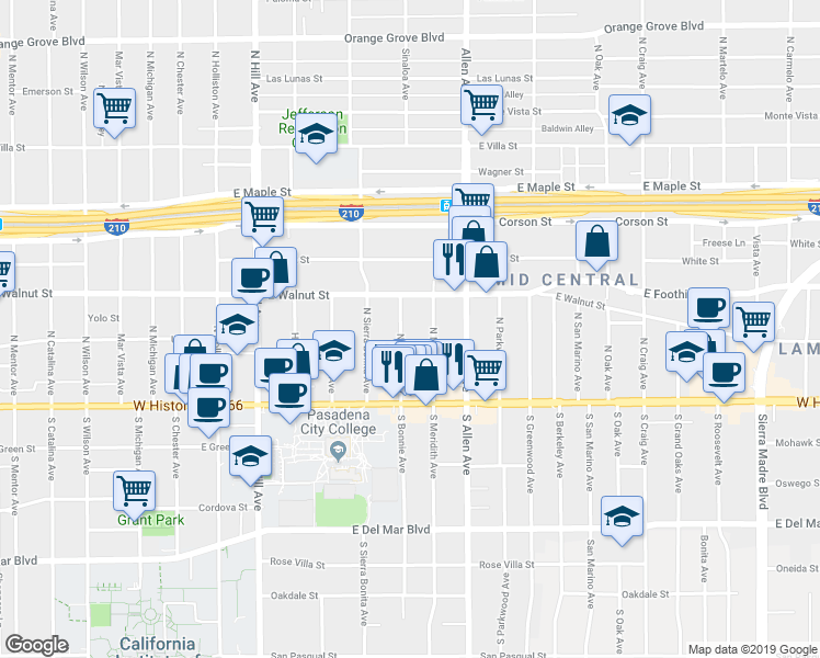 map of restaurants, bars, coffee shops, grocery stores, and more near 136 North Bonnie Avenue in Pasadena