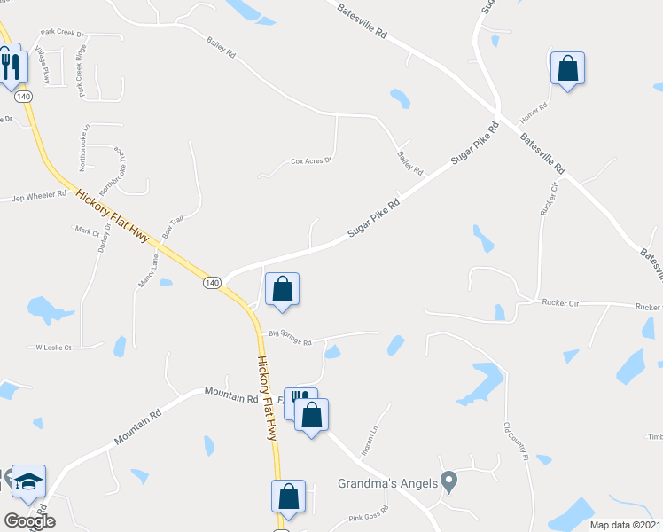 map of restaurants, bars, coffee shops, grocery stores, and more near 2062 Sugar Pike Road in Woodstock