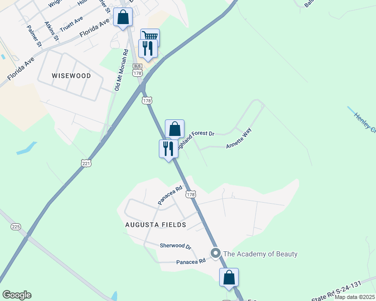 map of restaurants, bars, coffee shops, grocery stores, and more near 100 Highland Forest Drive in Greenwood