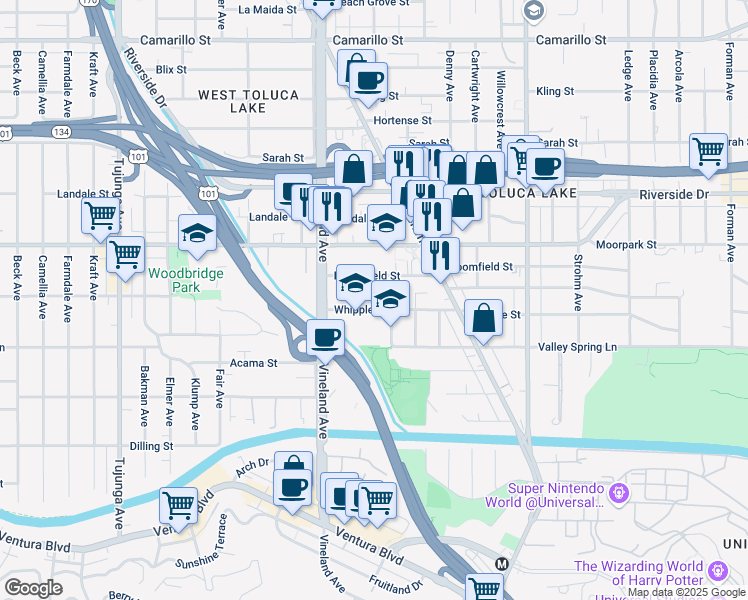 map of restaurants, bars, coffee shops, grocery stores, and more near 10878 Bloomfield Street in Los Angeles