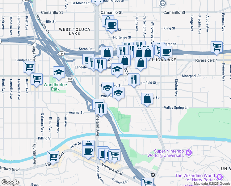 map of restaurants, bars, coffee shops, grocery stores, and more near 10913 Whipple Street in Los Angeles