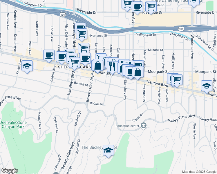 map of restaurants, bars, coffee shops, grocery stores, and more near 14238 Dickens Street in Los Angeles