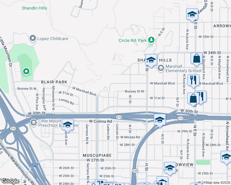 map of restaurants, bars, coffee shops, grocery stores, and more near 942 Bussey Street West in San Bernardino
