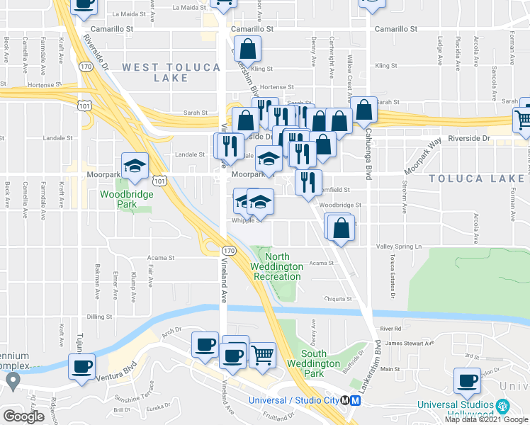 map of restaurants, bars, coffee shops, grocery stores, and more near 10878 Bloomfield Street in Los Angeles