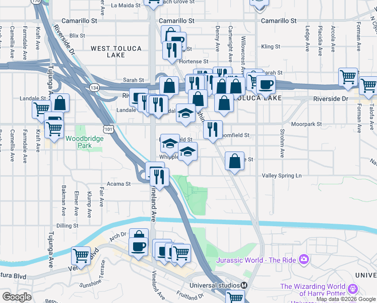 map of restaurants, bars, coffee shops, grocery stores, and more near 10901 Whipple Street in Los Angeles