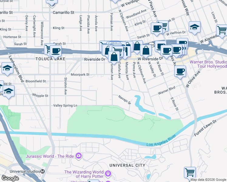 map of restaurants, bars, coffee shops, grocery stores, and more near 4310 Forman Avenue in Los Angeles