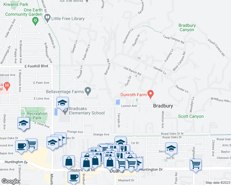 map of restaurants, bars, coffee shops, grocery stores, and more near 238 Barranca Road in Bradbury