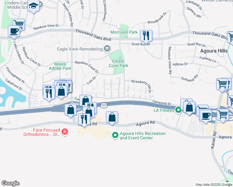 map of restaurants, bars, coffee shops, grocery stores, and more near 5311 Francisca Way in Agoura Hills
