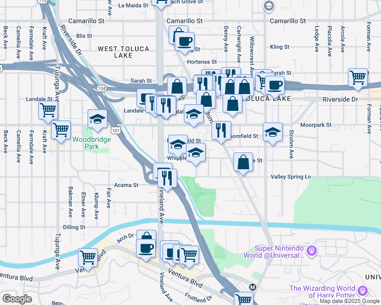 map of restaurants, bars, coffee shops, grocery stores, and more near 10913 Whipple Street in Los Angeles