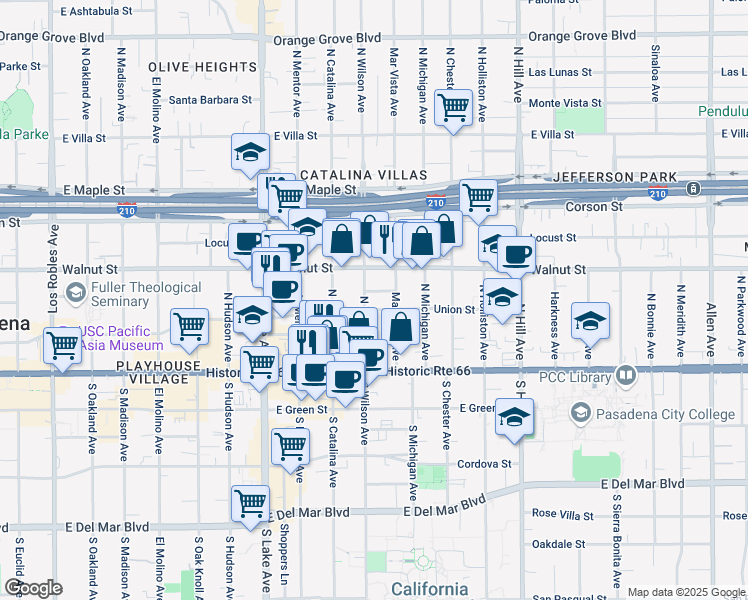 map of restaurants, bars, coffee shops, grocery stores, and more near 176 North Wilson Avenue in Pasadena