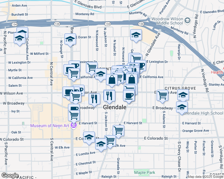 map of restaurants, bars, coffee shops, grocery stores, and more near 225 North Isabel Street in Glendale