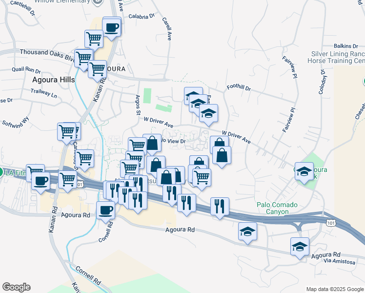 map of restaurants, bars, coffee shops, grocery stores, and more near 28656 Conejo View Drive in Agoura Hills