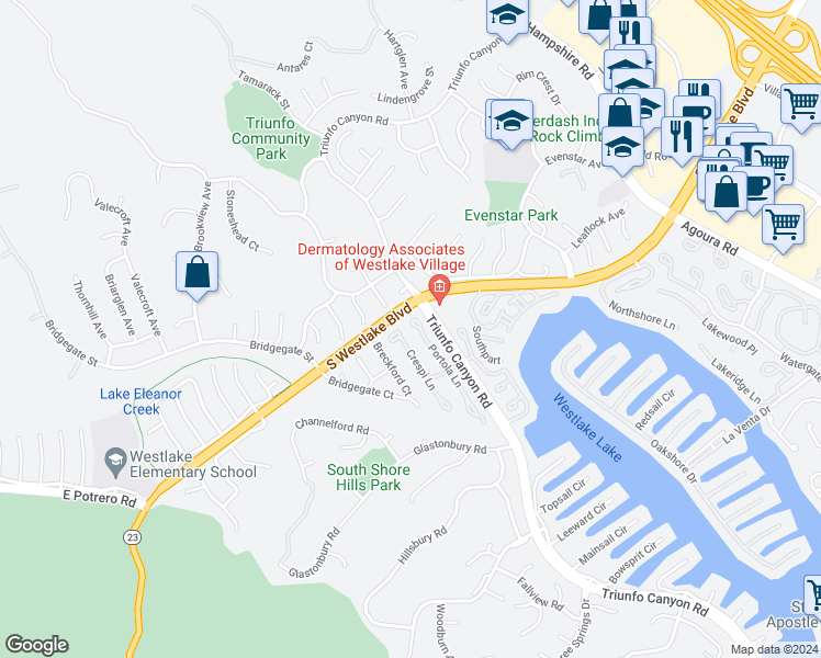 map of restaurants, bars, coffee shops, grocery stores, and more near 2114 Portola Lane in Westlake Village