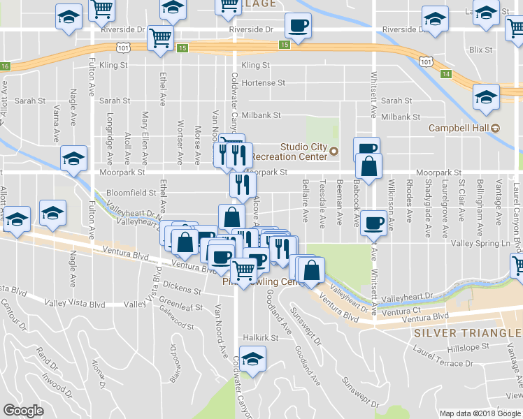 map of restaurants, bars, coffee shops, grocery stores, and more near 4308 Alcove Avenue in Los Angeles