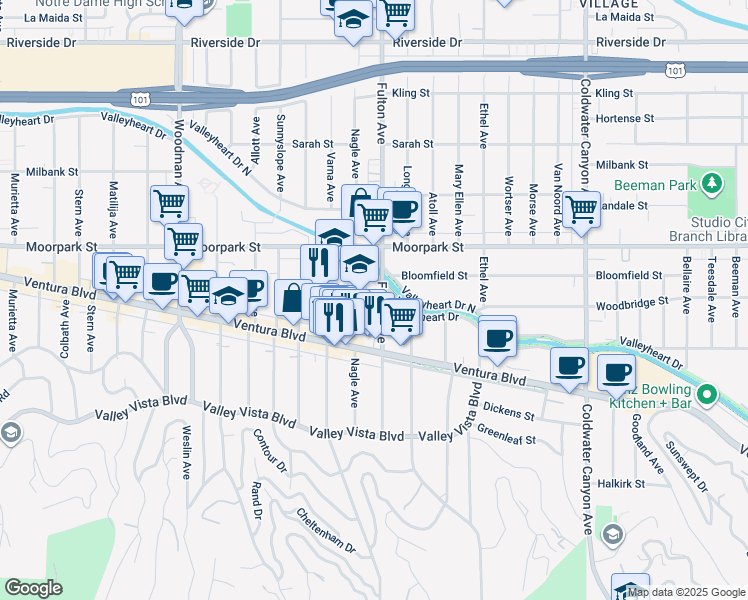map of restaurants, bars, coffee shops, grocery stores, and more near 4259 Fulton Avenue in Los Angeles