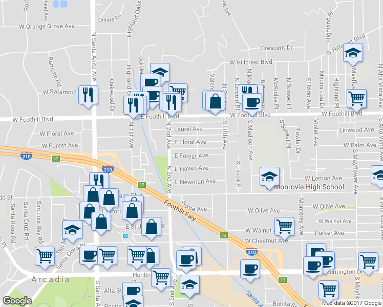 map of restaurants, bars, coffee shops, grocery stores, and more near 243 East Forest Avenue in Arcadia