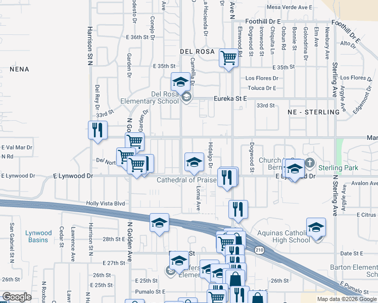 map of restaurants, bars, coffee shops, grocery stores, and more near 3157 Mountain Avenue North in San Bernardino