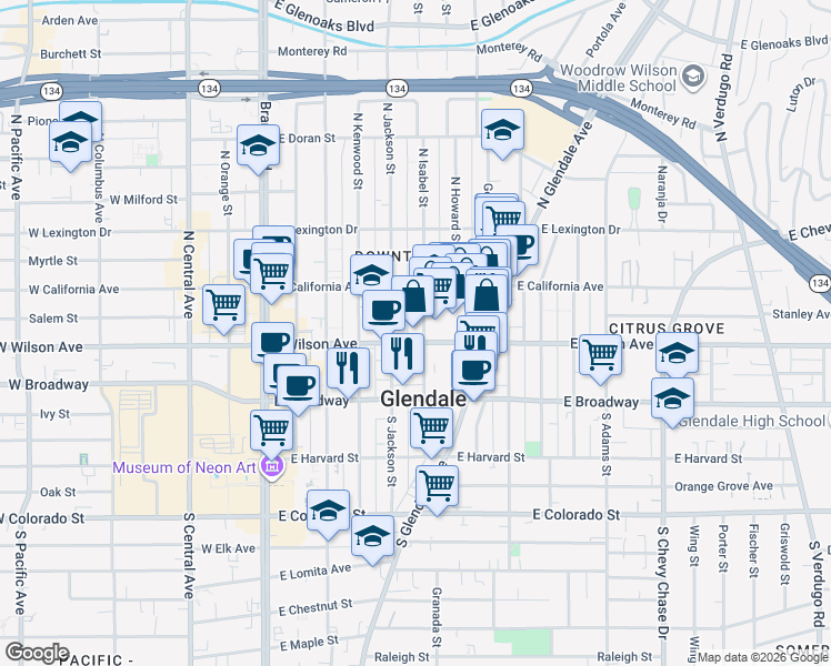 map of restaurants, bars, coffee shops, grocery stores, and more near 225 North Isabel Street in Glendale