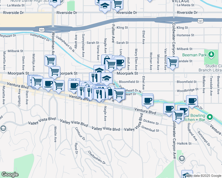 map of restaurants, bars, coffee shops, grocery stores, and more near 4259 Fulton Avenue in Los Angeles