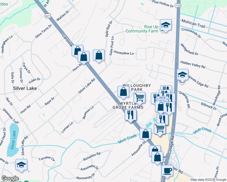 map of restaurants, bars, coffee shops, grocery stores, and more near 1401 Willoughby Park Court in Wilmington