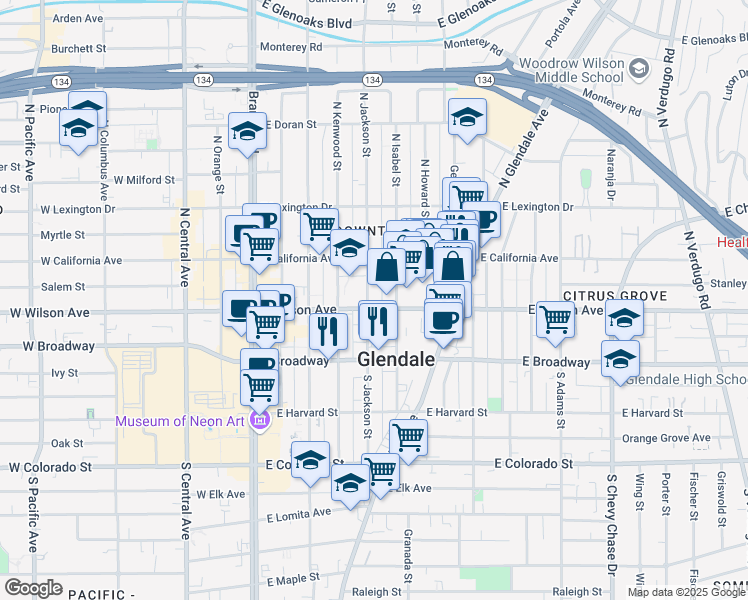 map of restaurants, bars, coffee shops, grocery stores, and more near 224 South Jackson Street in Glendale