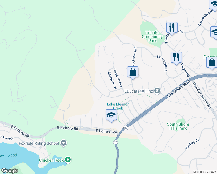 map of restaurants, bars, coffee shops, grocery stores, and more near 1460 Thornhill Avenue in Westlake Village