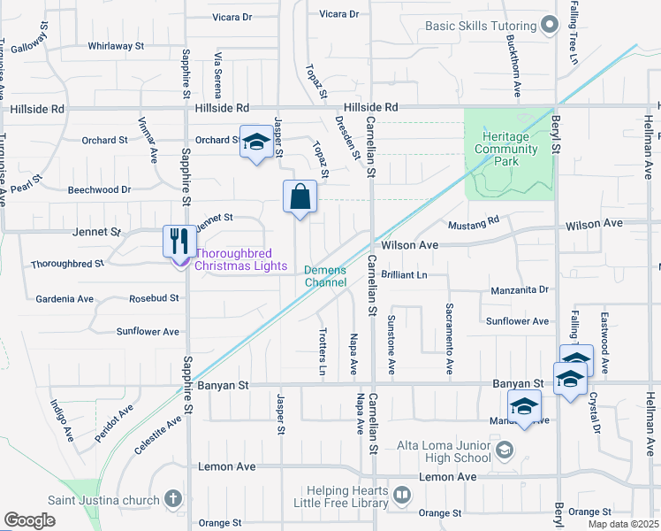 map of restaurants, bars, coffee shops, grocery stores, and more near 8627 Thoroughbred Street in Rancho Cucamonga