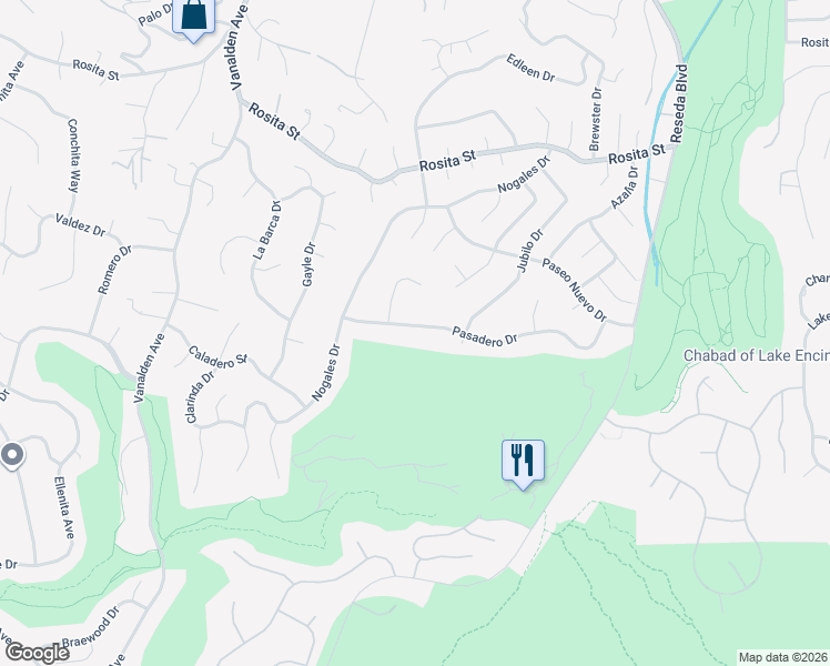 map of restaurants, bars, coffee shops, grocery stores, and more near 18912 Pasadero Drive in Los Angeles