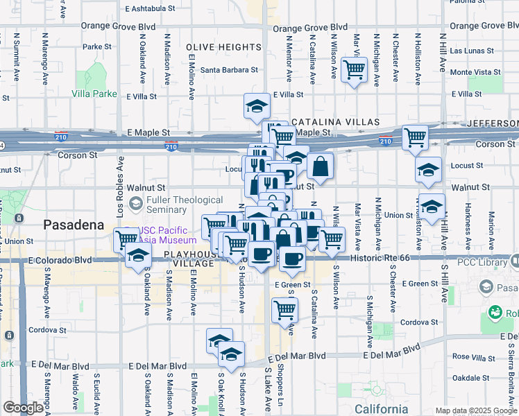 map of restaurants, bars, coffee shops, grocery stores, and more near in Pasadena
