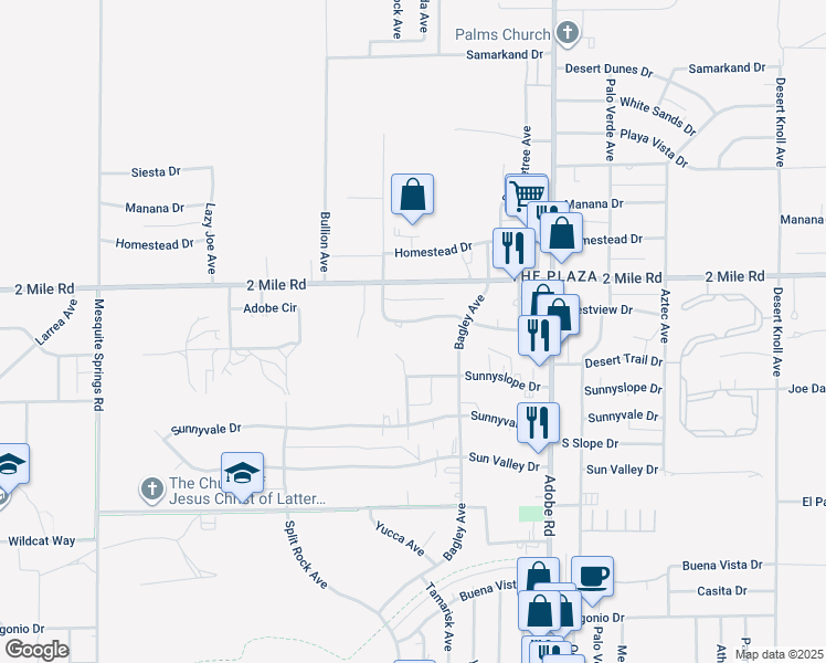 map of restaurants, bars, coffee shops, grocery stores, and more near 73456 Desert Trail Drive in Twentynine Palms