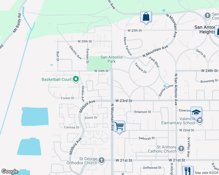 map of restaurants, bars, coffee shops, grocery stores, and more near 2358 Walnut Avenue in Upland