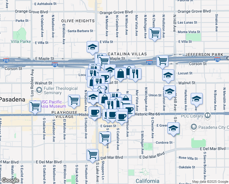 map of restaurants, bars, coffee shops, grocery stores, and more near 173 North Catalina Avenue in Pasadena