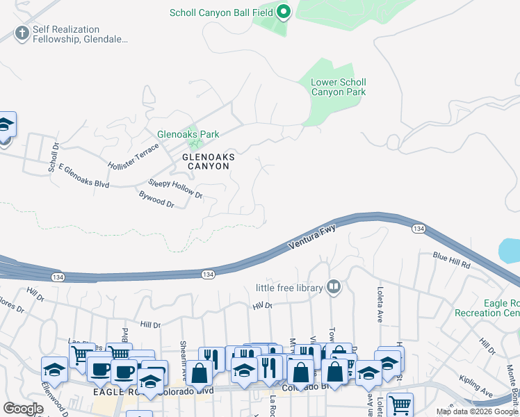 map of restaurants, bars, coffee shops, grocery stores, and more near 2681 Sleepy Hollow Drive in Glendale