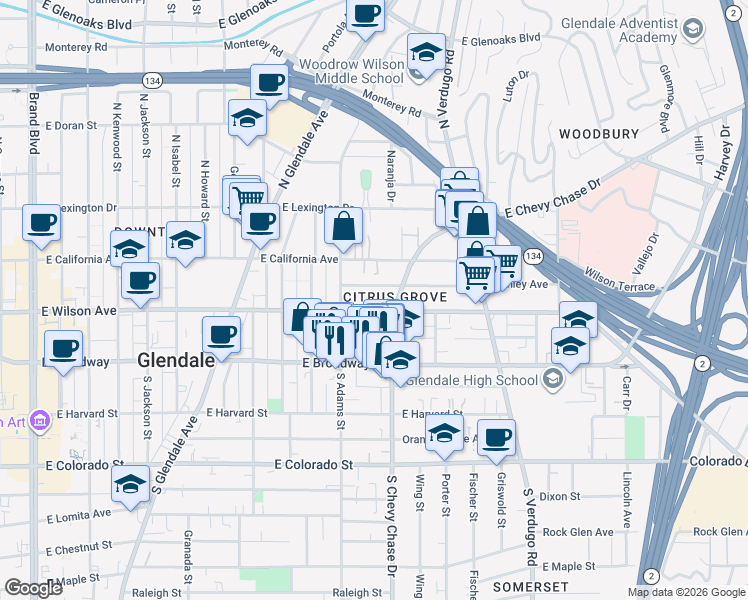 map of restaurants, bars, coffee shops, grocery stores, and more near 1126 Stanley Avenue in Glendale
