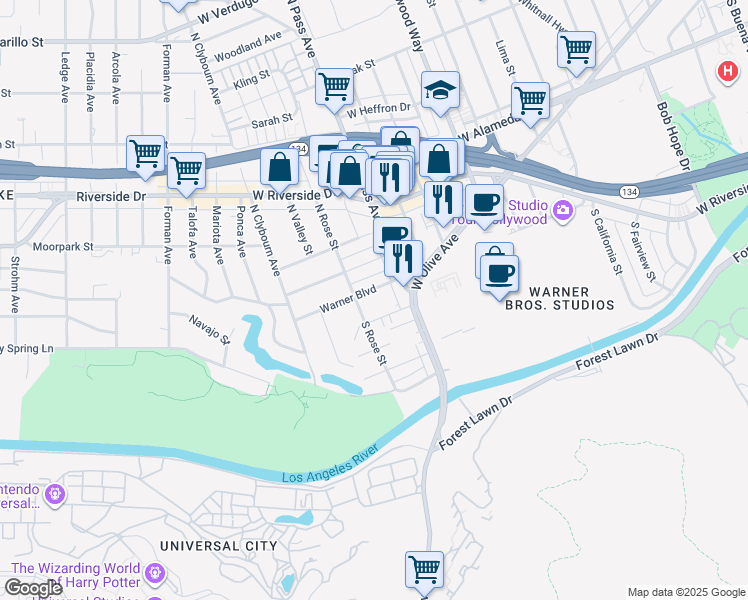 map of restaurants, bars, coffee shops, grocery stores, and more near 4129 Warner Boulevard in Burbank
