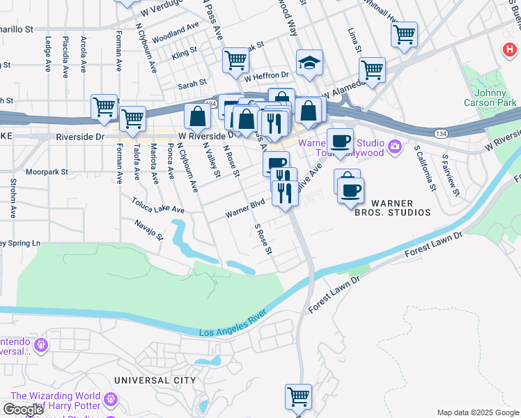 map of restaurants, bars, coffee shops, grocery stores, and more near 4129 Warner Boulevard in Burbank