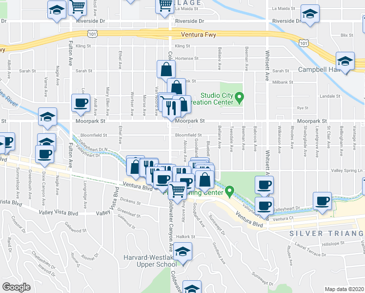 map of restaurants, bars, coffee shops, grocery stores, and more near 12840 Bloomfield Street in Los Angeles