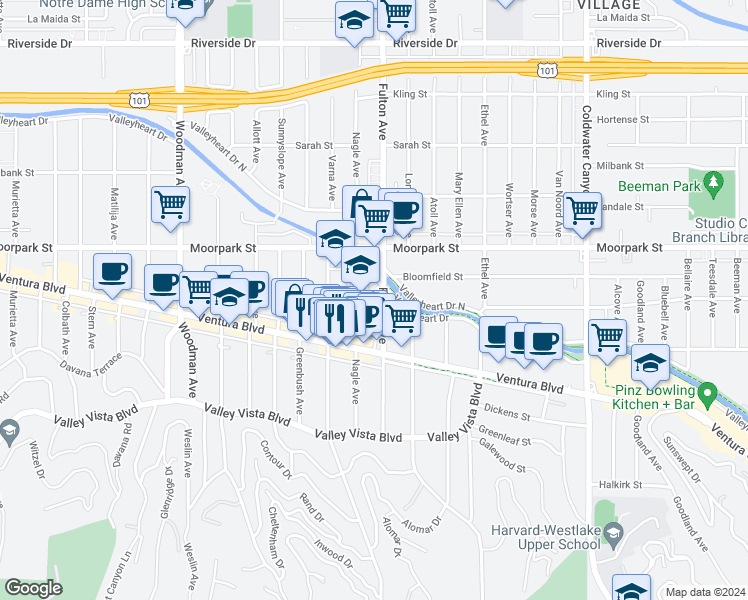 map of restaurants, bars, coffee shops, grocery stores, and more near 4320 Dixie Canyon Avenue in Los Angeles