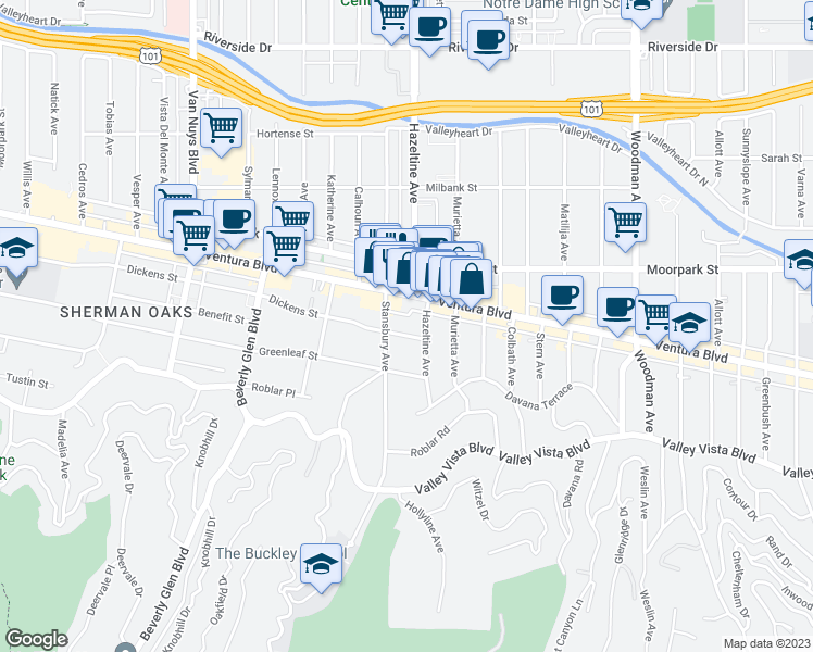 map of restaurants, bars, coffee shops, grocery stores, and more near 14120 Ventura Boulevard in Los Angeles