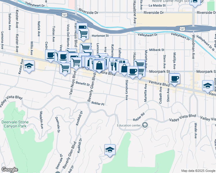 map of restaurants, bars, coffee shops, grocery stores, and more near 14248 Dickens Street in Sherman Oaks