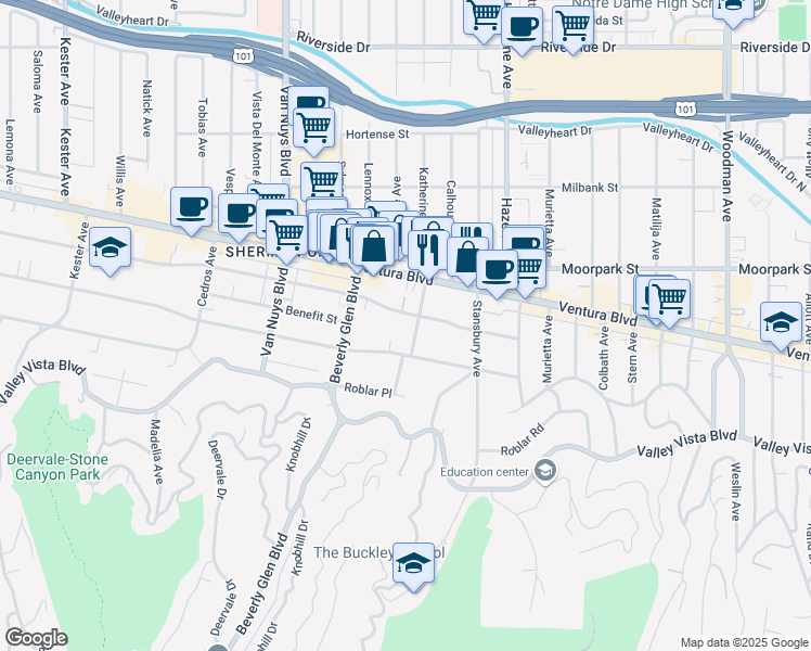 map of restaurants, bars, coffee shops, grocery stores, and more near 14275 Dickens Street in Los Angeles