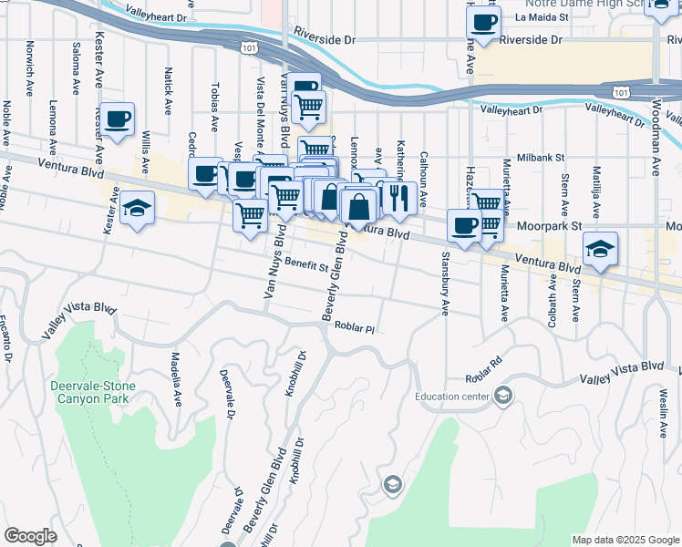 map of restaurants, bars, coffee shops, grocery stores, and more near 4300 Beverly Glen Boulevard in Los Angeles