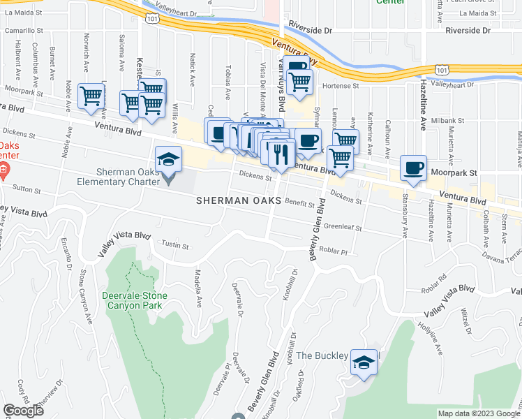 map of restaurants, bars, coffee shops, grocery stores, and more near 14530 Benefit Street in Los Angeles