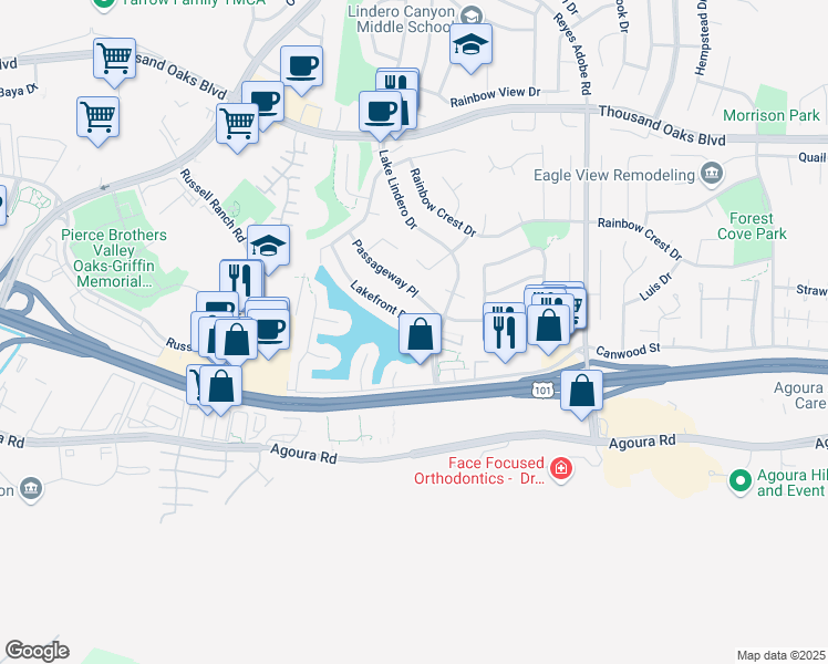 map of restaurants, bars, coffee shops, grocery stores, and more near 30631 Lakefront Drive in Agoura Hills