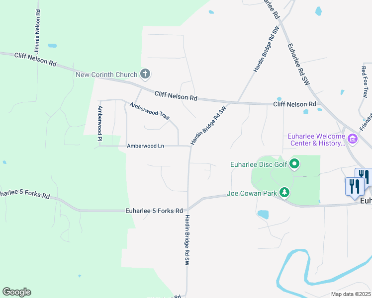 map of restaurants, bars, coffee shops, grocery stores, and more near 111 Amberwood Lane in Euharlee