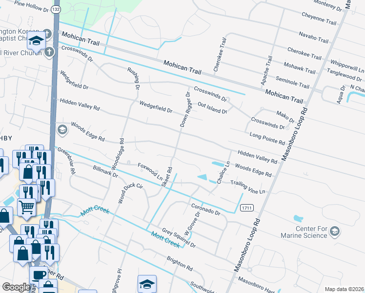 map of restaurants, bars, coffee shops, grocery stores, and more near Beacon Drive in Wilmington