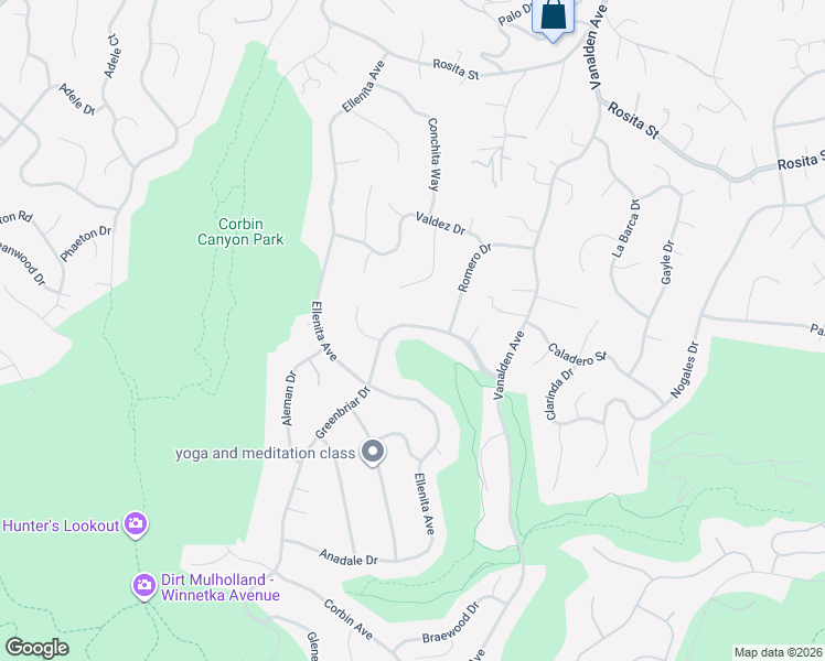 map of restaurants, bars, coffee shops, grocery stores, and more near 19542 Greenbriar Drive in Los Angeles