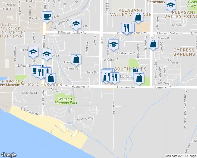 map of restaurants, bars, coffee shops, grocery stores, and more near 181 Courtyard Drive in Port Hueneme