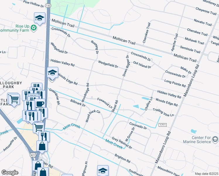 map of restaurants, bars, coffee shops, grocery stores, and more near 4928 Woods Edge Road in Wilmington