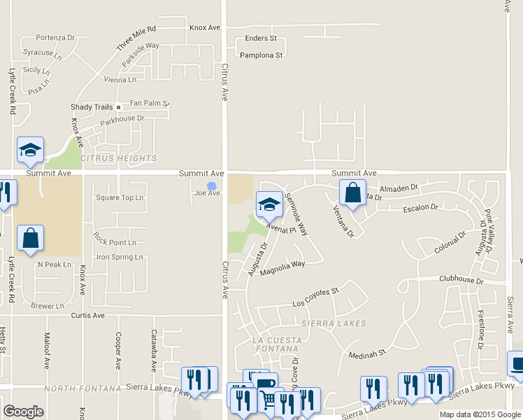 map of restaurants, bars, coffee shops, grocery stores, and more near 5808 Bota Raton Way in Fontana